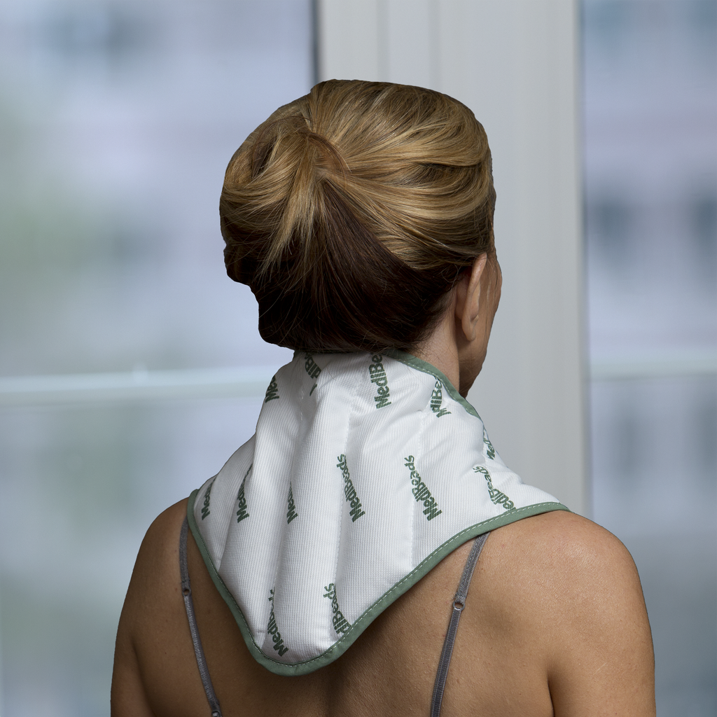 MediBeads microwave activated moist heat neck wrap, neck wrap, neck pain relief, shoulder pain relief, stress relief, moist heat pain relief, moist heat